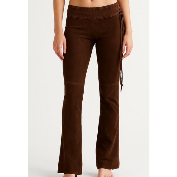 VTG Y2K 90s Cache GOAT SUEDE LEATHER Low Rise Bootcut Pants Dark Brown Boho S2-4 - Picture 1 of 8